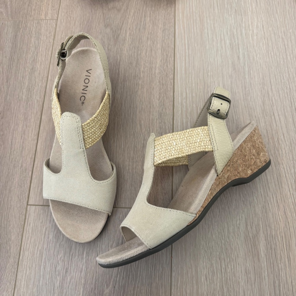 Vionic Kaytie Wedge Sandals Cream Tan T-Strap Cork Heel Women 8